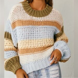 Chunky Striped Knit Sweater in Olive, Blue, Cream, and Tan.